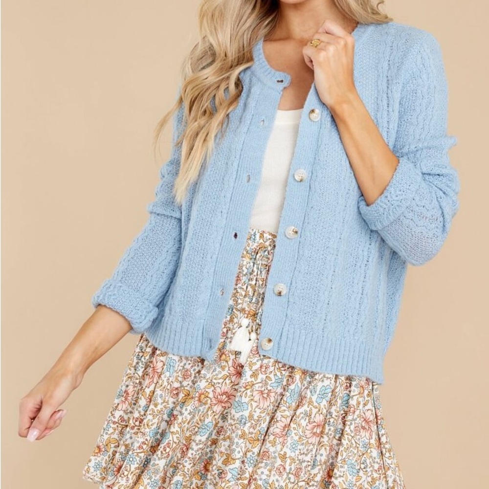 Cable Knit Dusty Blue Cardigan |  Red Dress Boutique